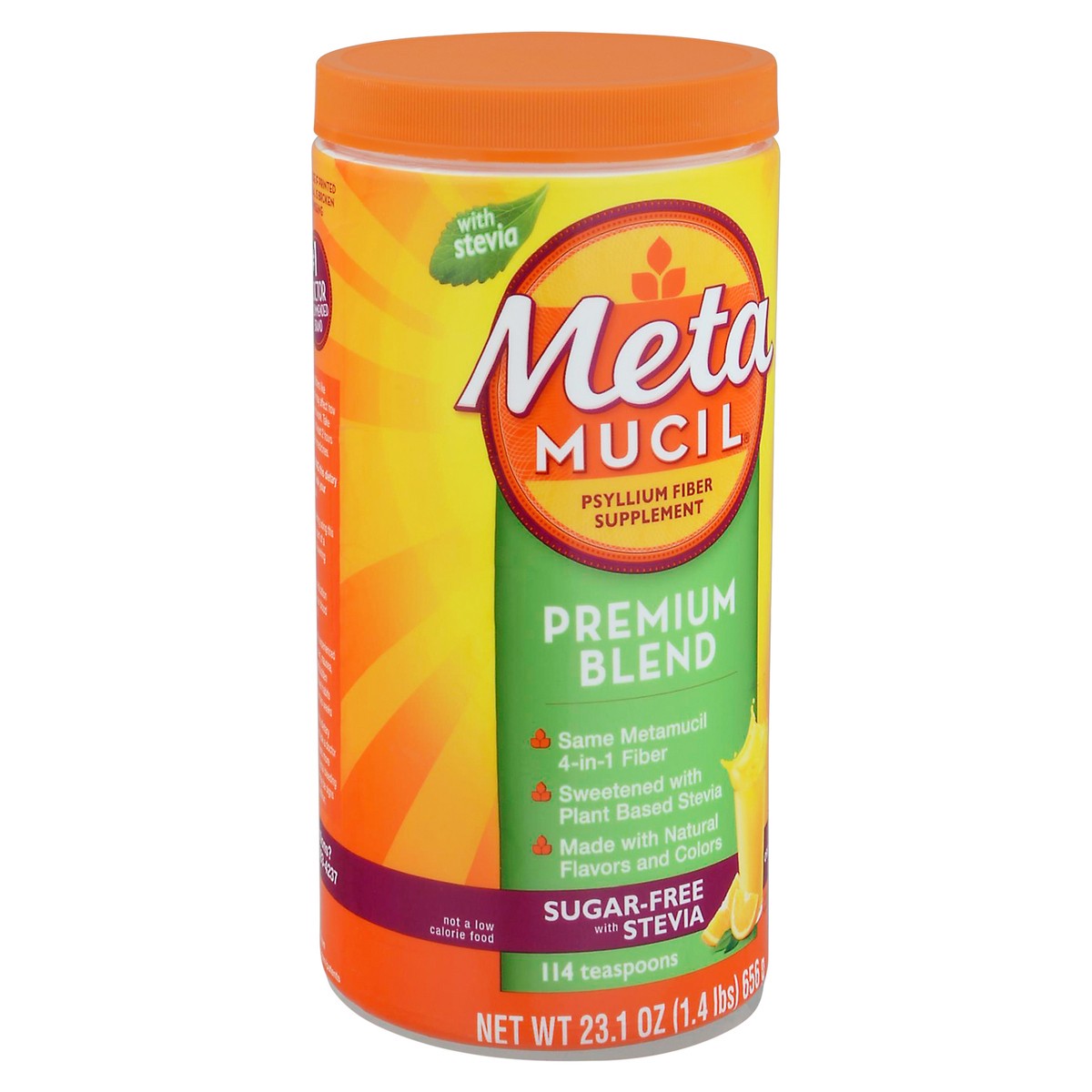 slide 3 of 9, Metamucil Orange Sugar-Free with Stevia Premium Blend Fiber Powder 23.1 oz Canister, 23.10 oz