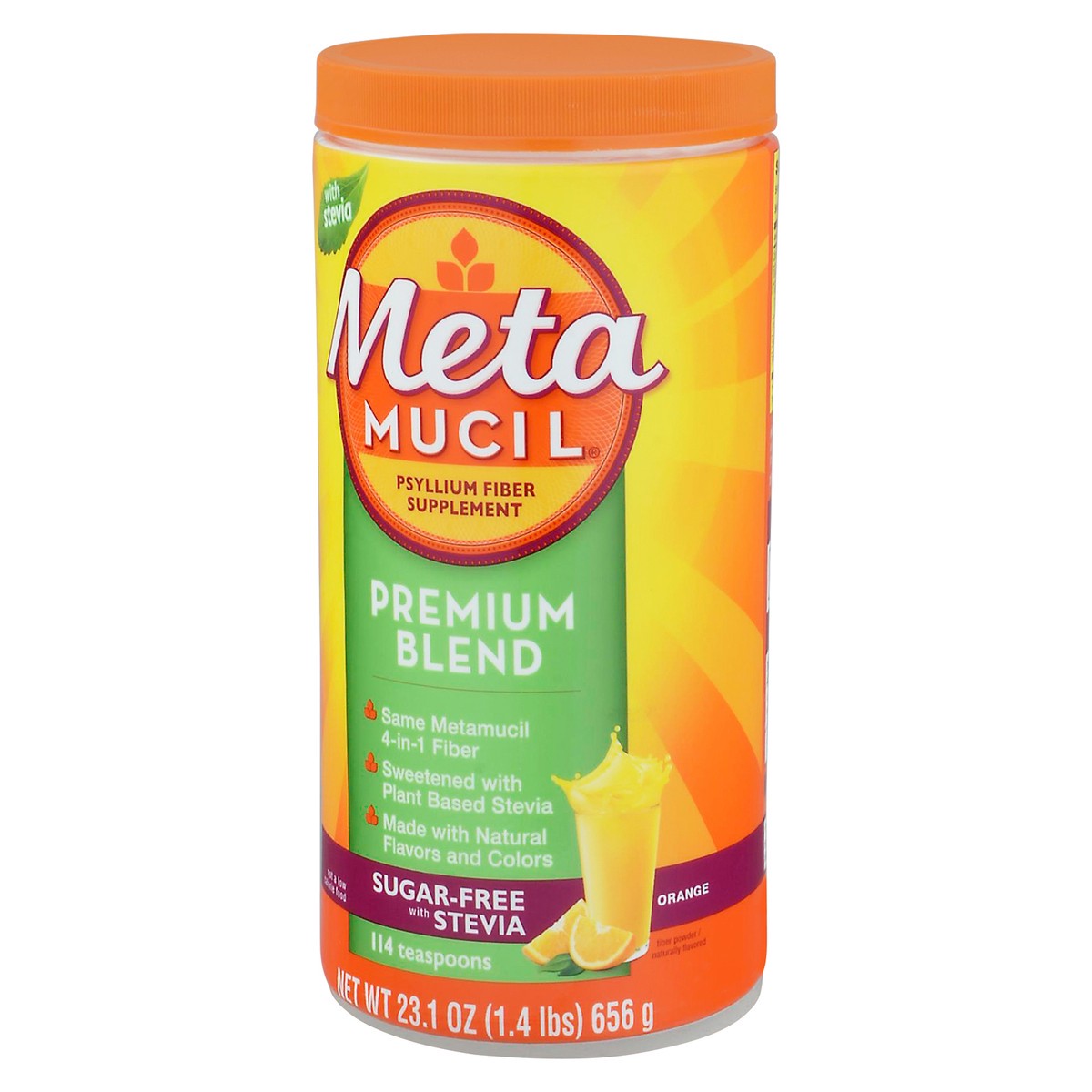 slide 6 of 9, Metamucil Orange Sugar-Free with Stevia Premium Blend Fiber Powder 23.1 oz Canister, 23.10 oz