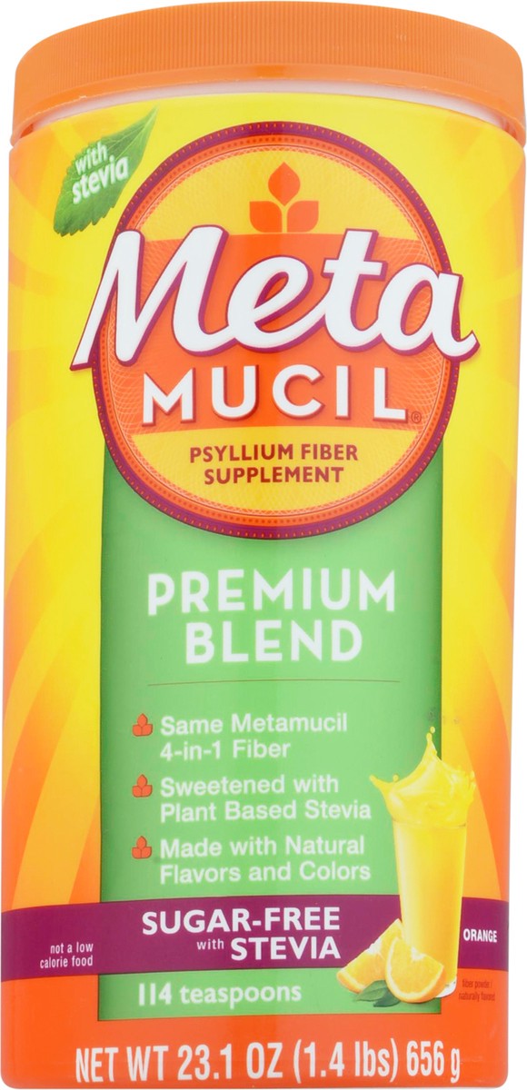 slide 9 of 9, Metamucil Orange Sugar-Free with Stevia Premium Blend Fiber Powder 23.1 oz Canister, 23.10 oz