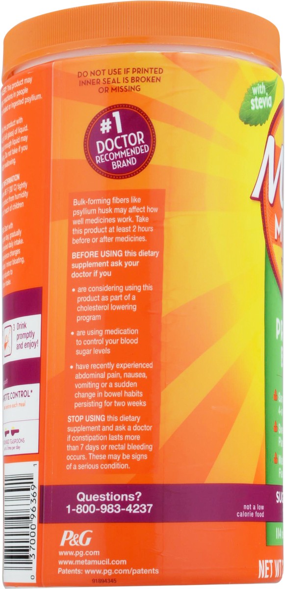 slide 5 of 9, Metamucil Orange Sugar-Free with Stevia Premium Blend Fiber Powder 23.1 oz Canister, 23.10 oz