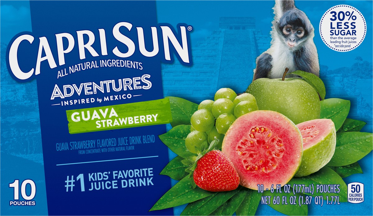 slide 12 of 14, Capri Sun Adventures Guava Strawberry Naturally Flavored Juice Drink Blend, 10 ct Box, 6 fl oz Pouches, 10 ct