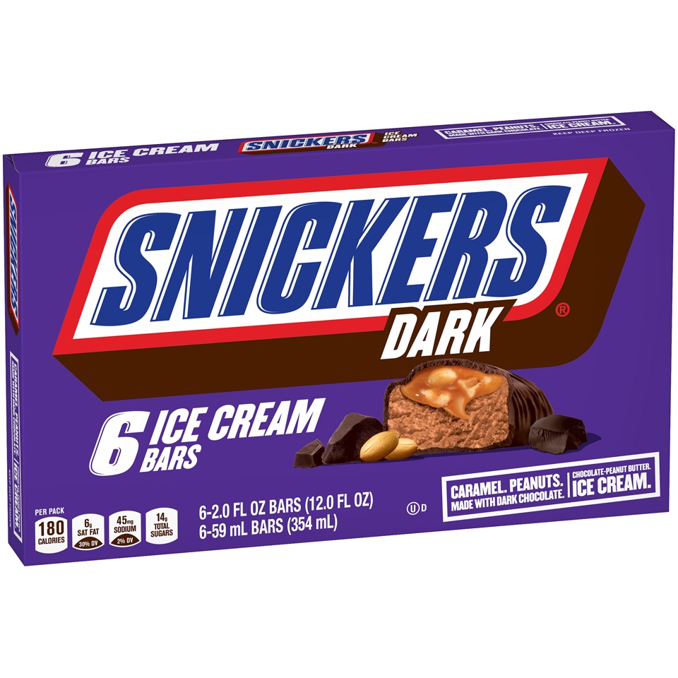 slide 2 of 7, Snickers Dark Chocolate Ice Cream Bars With Peanut Butter Chocolate Ice Cream 6-Count Box, 12 fl oz