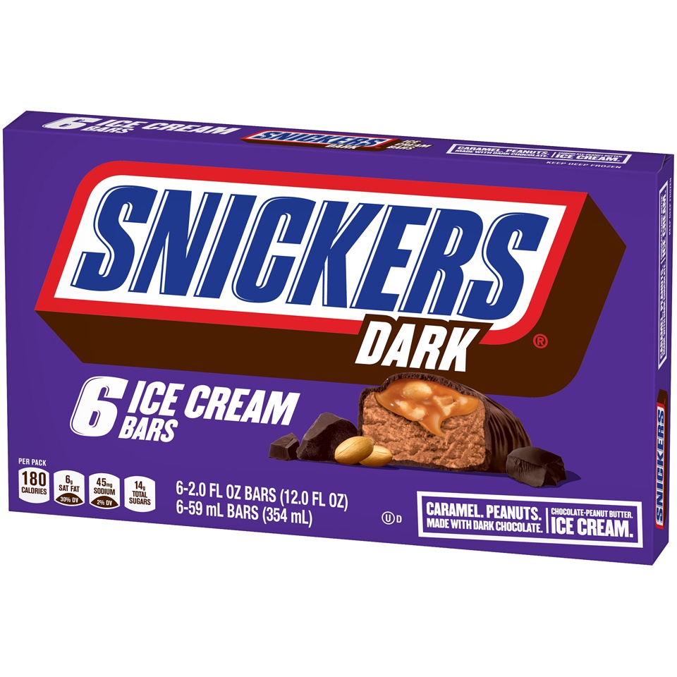 slide 3 of 7, Snickers Dark Chocolate Ice Cream Bars With Peanut Butter Chocolate Ice Cream 6-Count Box, 12 fl oz