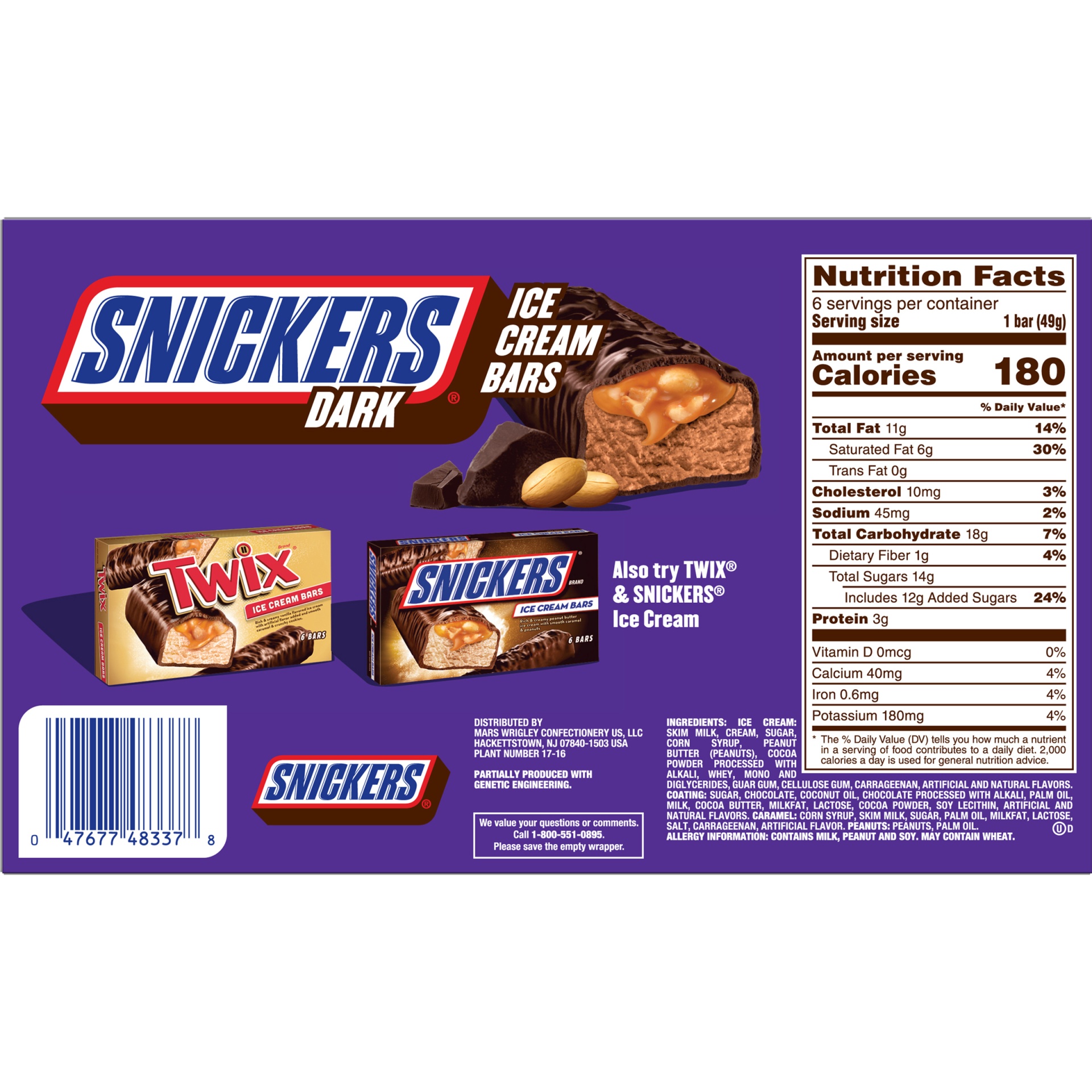 slide 5 of 7, Snickers Dark Chocolate Ice Cream Bars With Peanut Butter Chocolate Ice Cream 6-Count Box, 12 fl oz