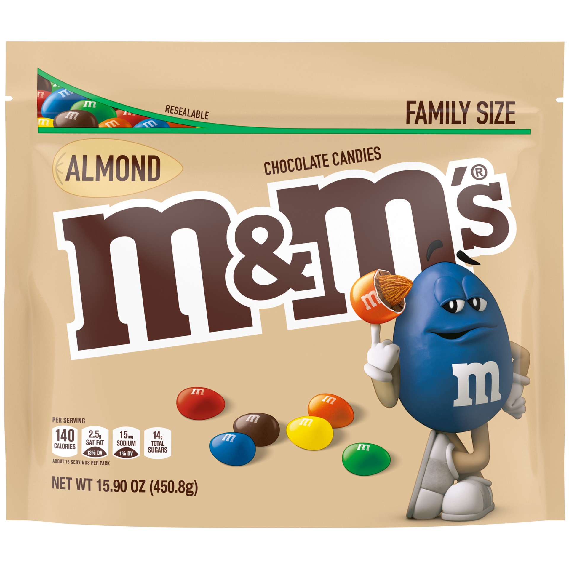 slide 1 of 8, M&M's Almond Milk Chocolate Candy, Family Size , 15.9 oz Bag, 15 oz