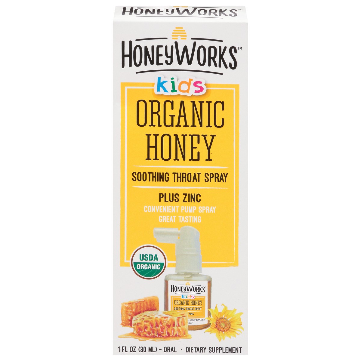 slide 1 of 9, Honeyworks Organic Kids Honey Soothing Throat Spray 1 fl oz, 1 fl oz