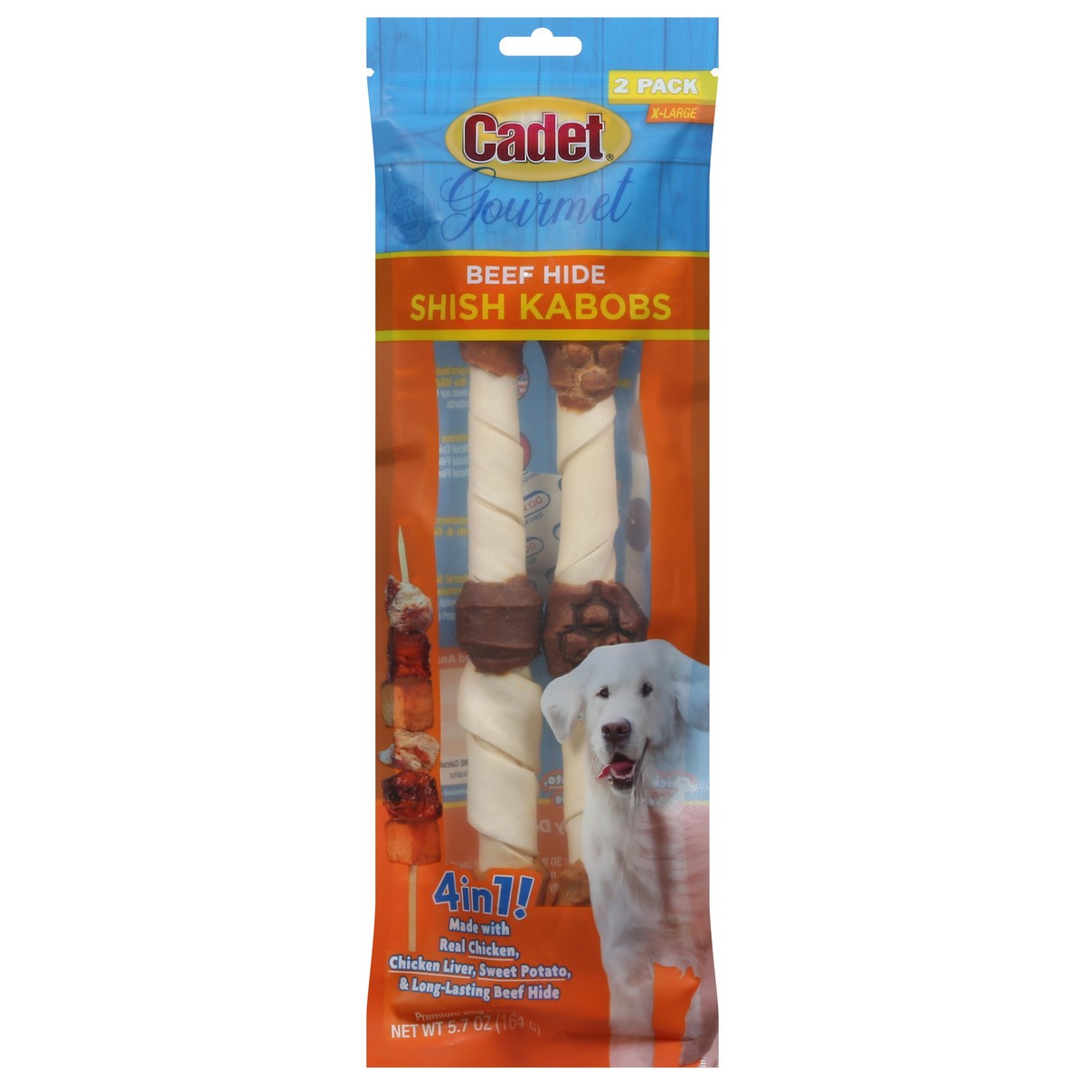 slide 1 of 9, Cadet Gourmet Beef Hide Shish Kabob Dog Treats X-Large Chicken, Chicken Liver & Sweet Potato (2 Count), 2 ct