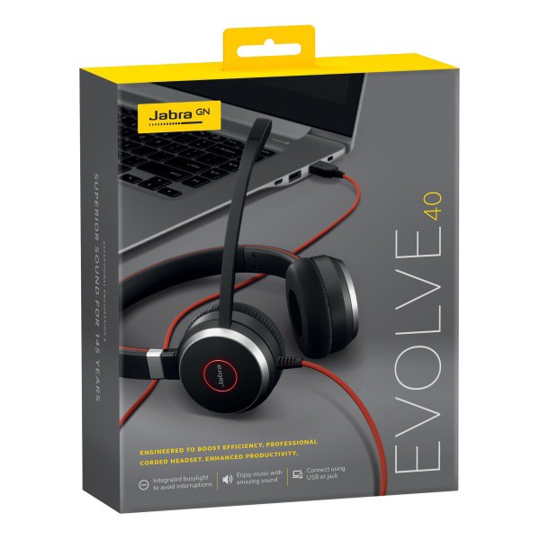 slide 1 of 9, Jabra Evolve 40 Uc Sme Headset - Stereo - Mini-Phone (3.5Mm) - Wired - Over-The-Head - Binaural - Supra-Aural - Noise Canceling, 1 ct