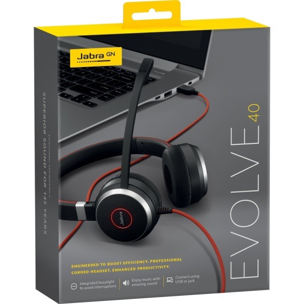 slide 7 of 9, Jabra Evolve 40 Uc Sme Headset - Stereo - Mini-Phone (3.5Mm) - Wired - Over-The-Head - Binaural - Supra-Aural - Noise Canceling, 1 ct