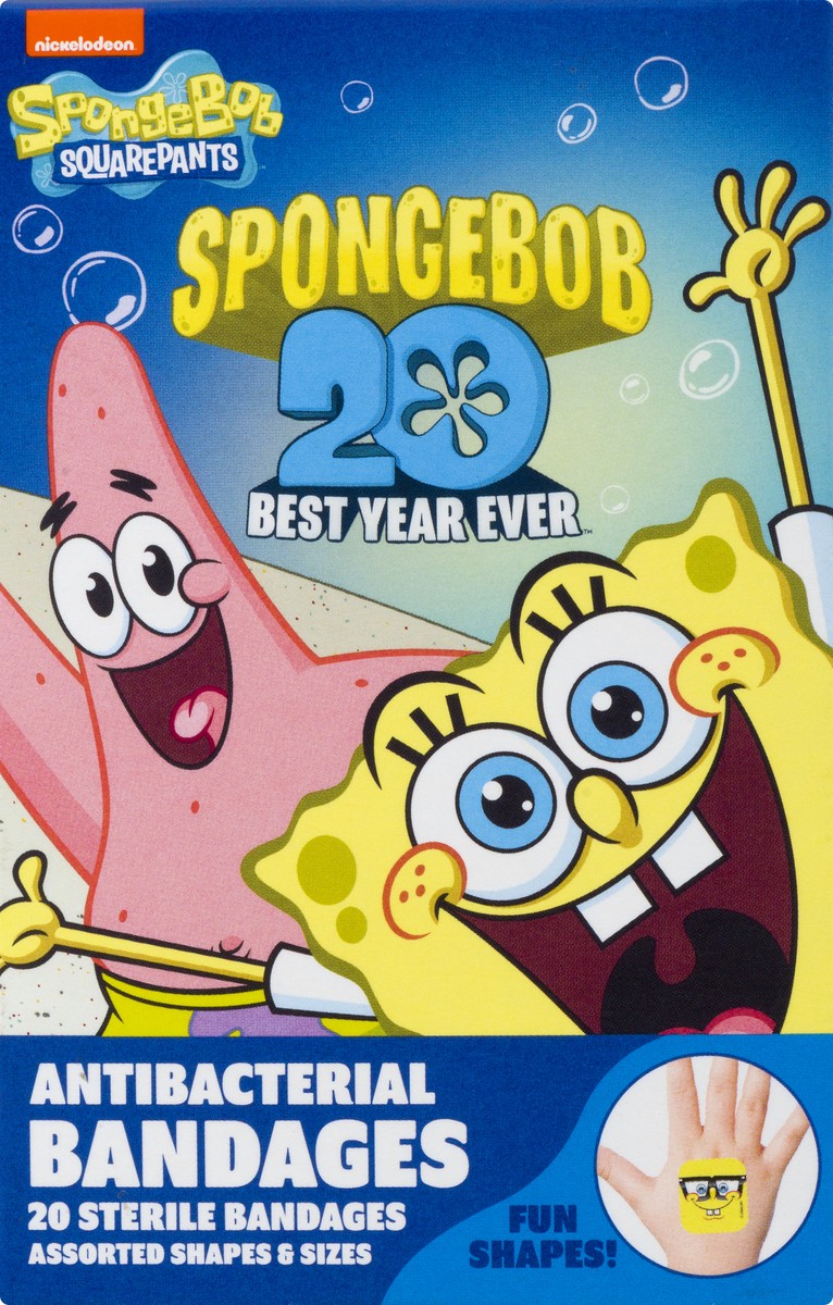 slide 9 of 11, Nickelodeon Assorted Shapes & Sizes Spongebob Antibacterial Sterile Bandages 20.0 ea, 20 ct
