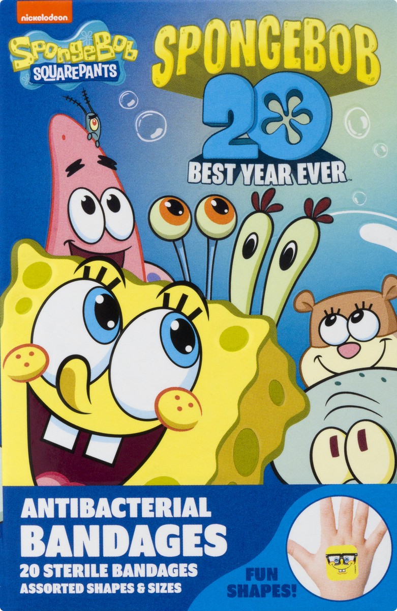 slide 10 of 11, Nickelodeon Assorted Shapes & Sizes Spongebob Antibacterial Sterile Bandages 20.0 ea, 20 ct