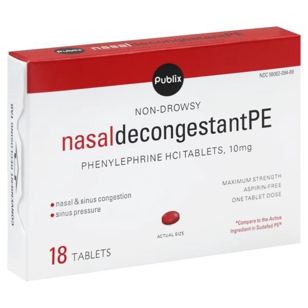 slide 1 of 1, Publix Non-Drowsy Nasal Decongestant PE, 18 ct