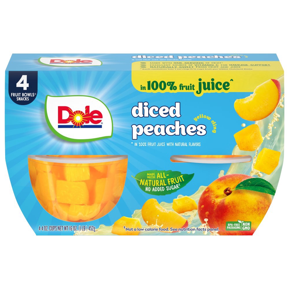 slide 1 of 6, Dole Diced Peaches in 100% Fruit Juice, Yellow Cling, 4 ct