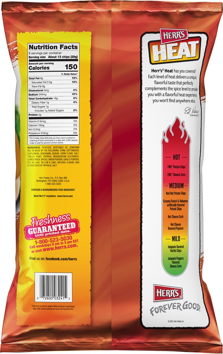 slide 4 of 7, Herr's Heat Medium Red Hot Potato Chips 9 oz Bag, 9 oz