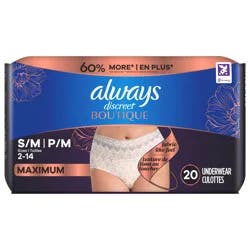Always Discreet Boutique Rosy, Reimagined Adult Diapers for Women, Maximum Incontinence Underwear S/M, 20 CT