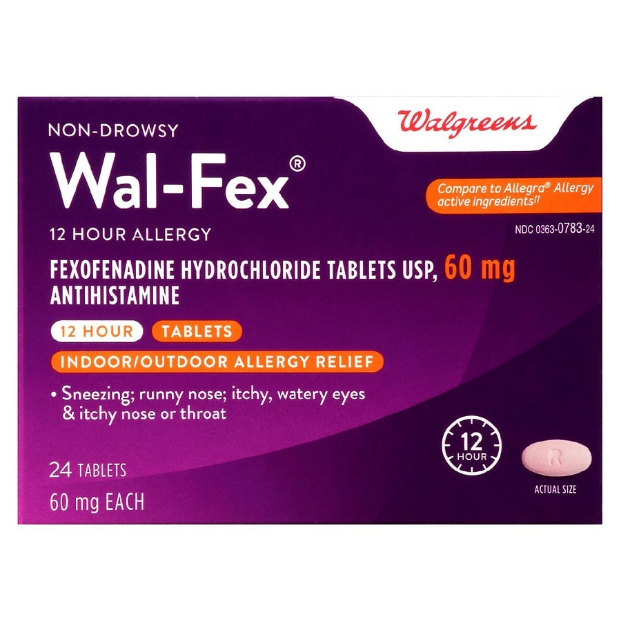 slide 1 of 1, Walgreens Fexofenadine Hydrochloride Tablets USP, 60mg, 24 ct