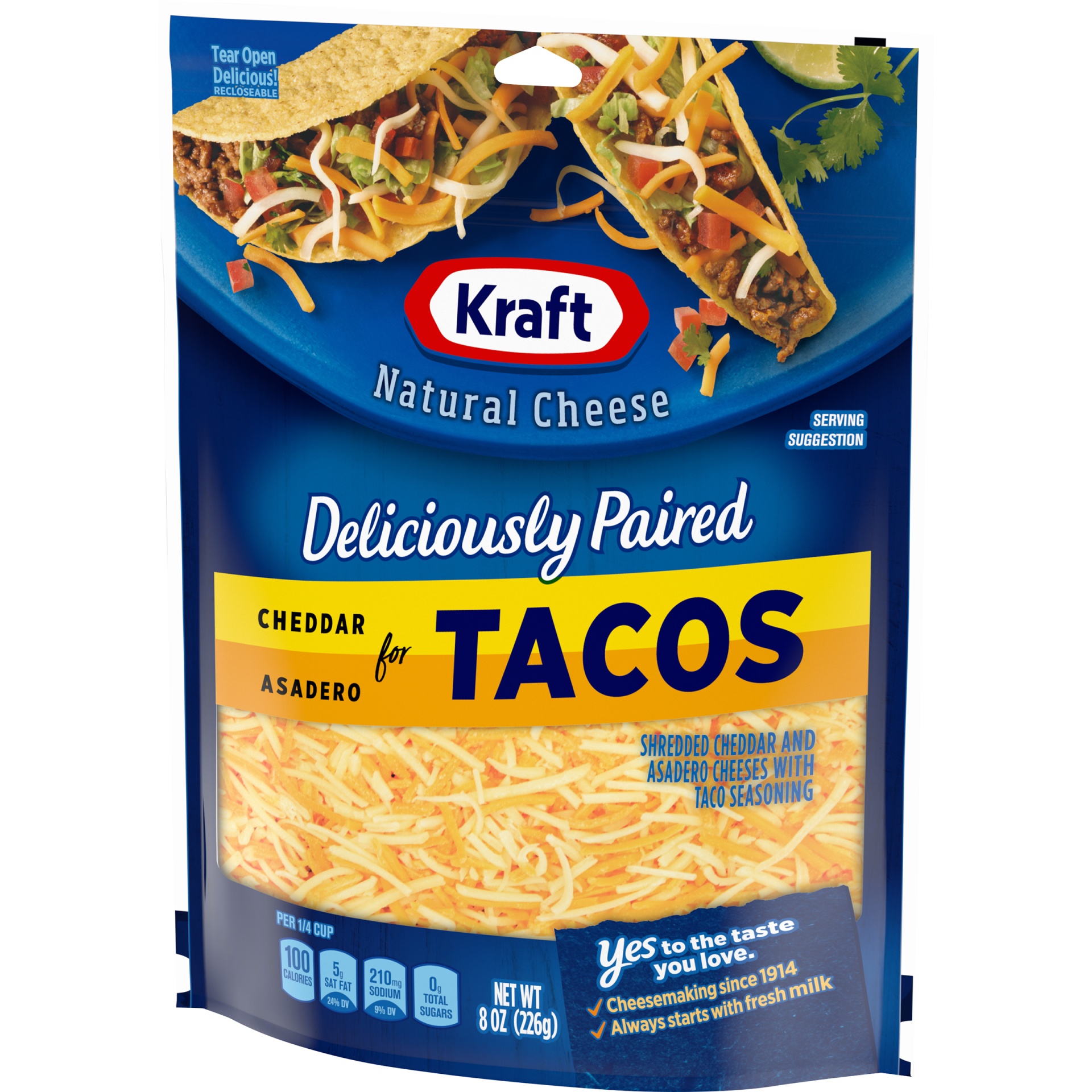 slide 3 of 7, Kraft Deliciously Paired Cheddar & Asadero Shredded Cheese with Taco Seasoning for Tacos, 8 oz Bag, 8 oz
