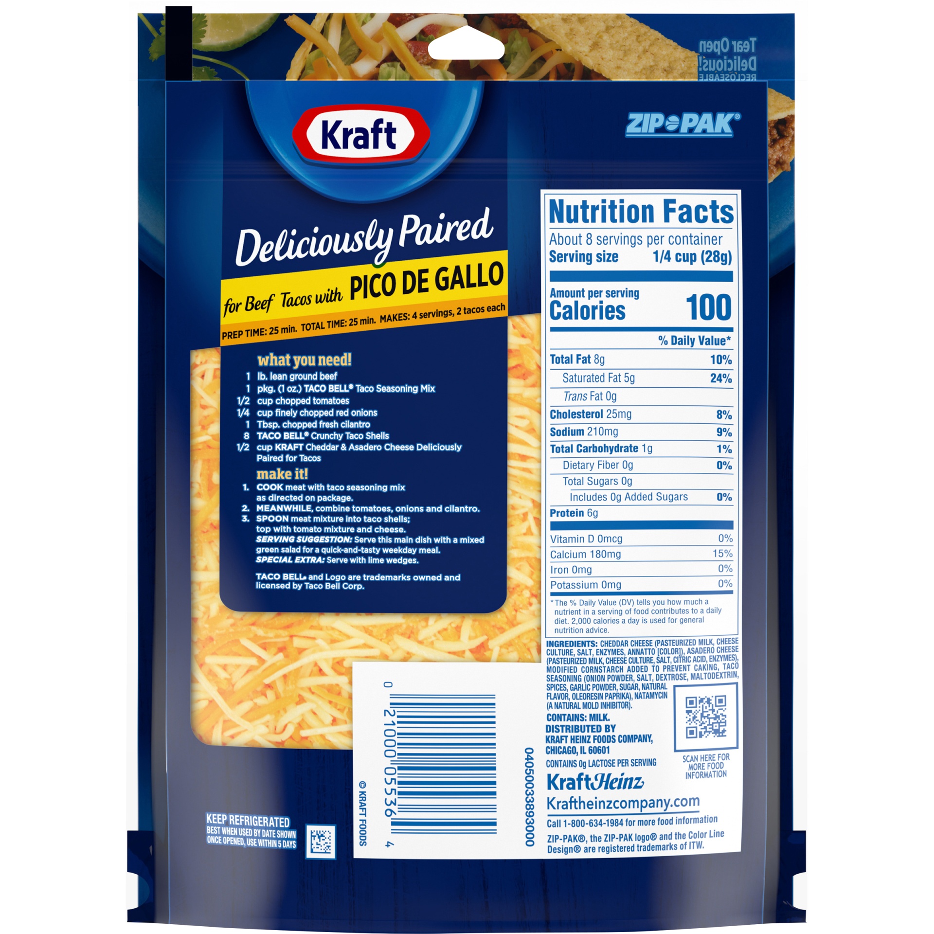 slide 4 of 7, Kraft Deliciously Paired Cheddar & Asadero Shredded Cheese with Taco Seasoning for Tacos, 8 oz Bag, 8 oz