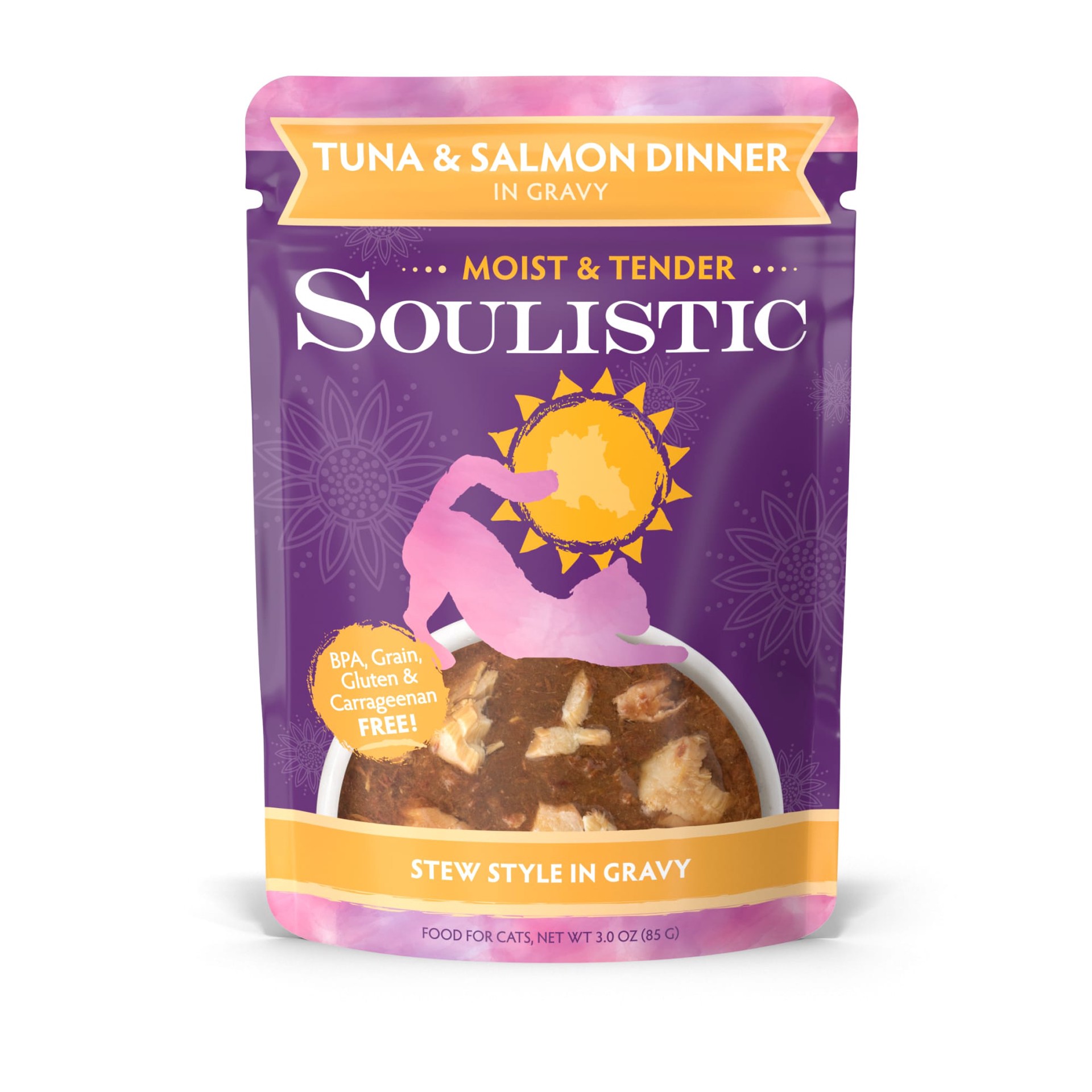 slide 1 of 1, Soulistic Moist & Tender Tuna & Salmon Dinner in Gravy Adult Cat Food Pouches, 3 oz