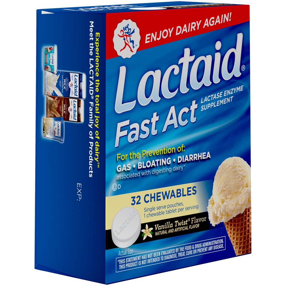 slide 2 of 6, Lactaid Fast Act Lactose Intolerance Relief Chewables with Natural Lactase Enzyme to Prevent Gas, Bloating & Diarrhea Due to Lactose Sensitivity, On-the-Go, Vanilla Twist Flavor, 32 x 1 ct, 32 ct