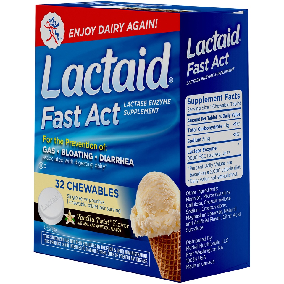 slide 3 of 6, Lactaid Fast Act Lactose Intolerance Relief Chewables with Natural Lactase Enzyme to Prevent Gas, Bloating & Diarrhea Due to Lactose Sensitivity, On-the-Go, Vanilla Twist Flavor, 32 x 1 ct, 32 ct