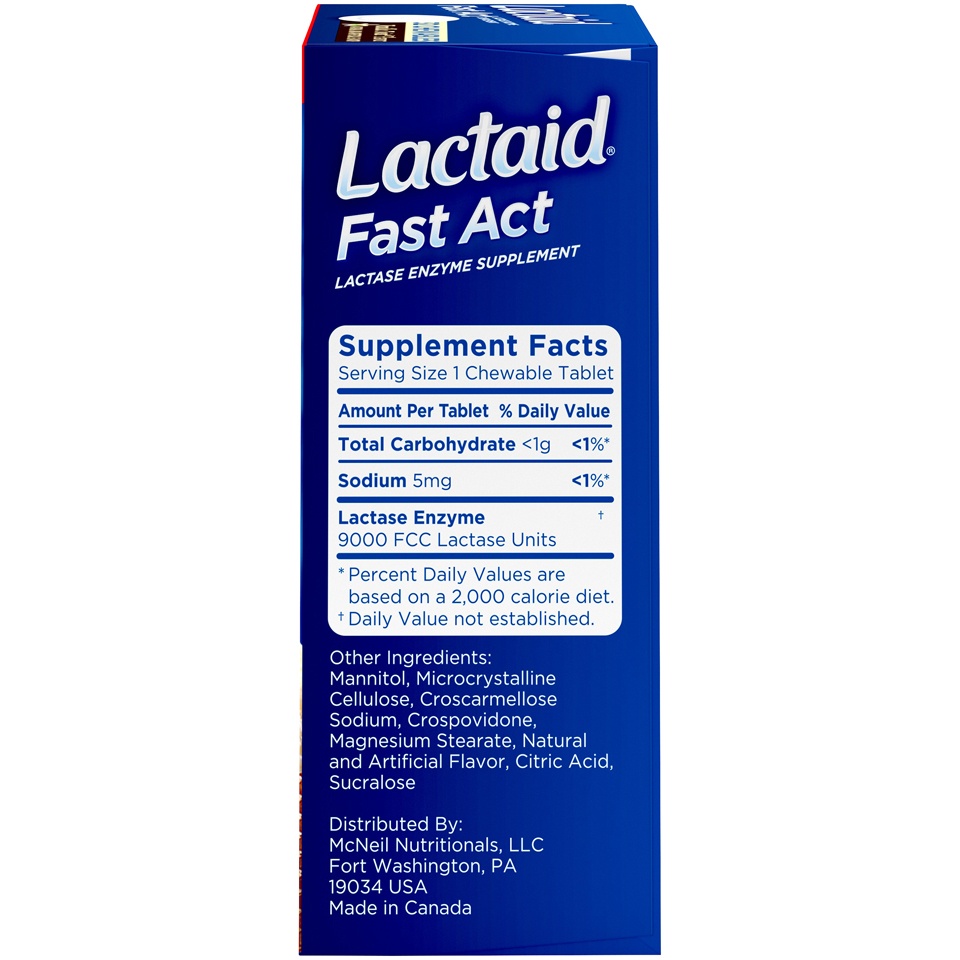 slide 5 of 6, Lactaid Fast Act Lactose Intolerance Relief Chewables with Natural Lactase Enzyme to Prevent Gas, Bloating & Diarrhea Due to Lactose Sensitivity, On-the-Go, Vanilla Twist Flavor, 32 x 1 ct, 32 ct