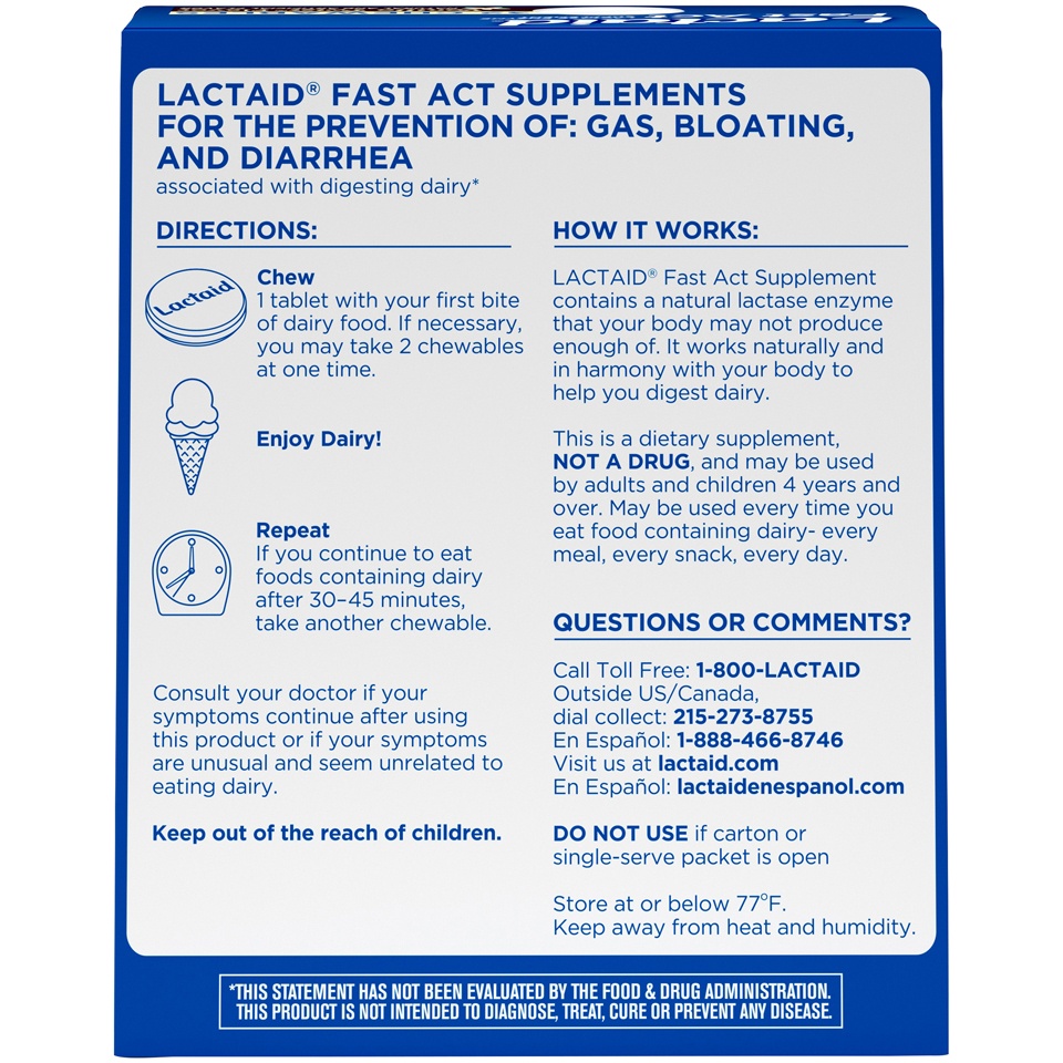 slide 6 of 6, Lactaid Fast Act Lactose Intolerance Relief Chewables with Natural Lactase Enzyme to Prevent Gas, Bloating & Diarrhea Due to Lactose Sensitivity, On-the-Go, Vanilla Twist Flavor, 32 x 1 ct, 32 ct