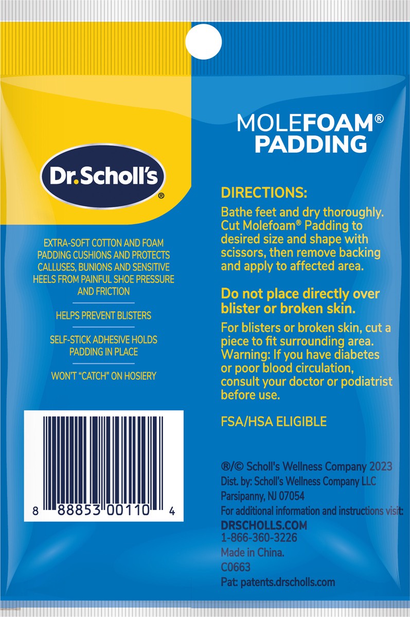 slide 3 of 3, Dr. Scholl's MOLEFOAM PADDING STRIPS, 2 strips // Our Thickest Pad for Maximum Cushioning - Extra Soft Padding - Pain Relief - Cut To Any Size - Strip Size 4 1/8 Inches X 3 3/8 Inches, 2 ct