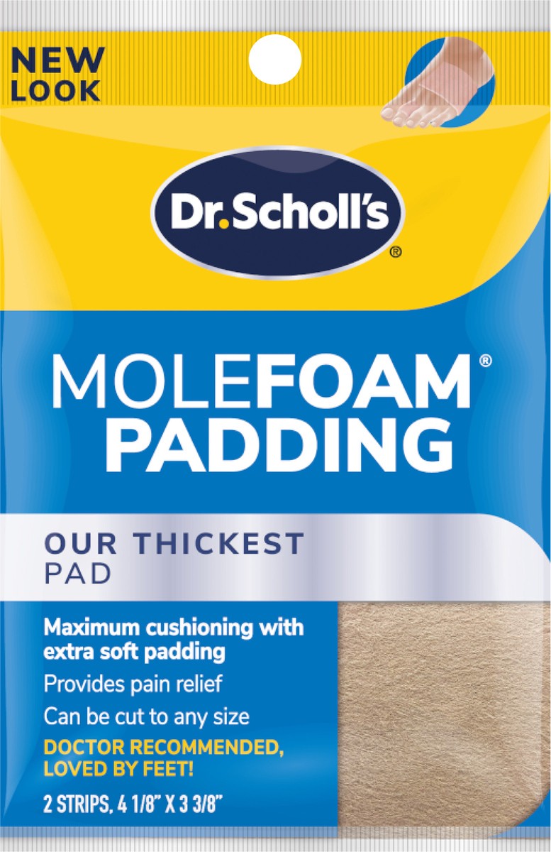slide 2 of 3, Dr. Scholl's MOLEFOAM PADDING STRIPS, 2 strips // Our Thickest Pad for Maximum Cushioning - Extra Soft Padding - Pain Relief - Cut To Any Size - Strip Size 4 1/8 Inches X 3 3/8 Inches, 2 ct