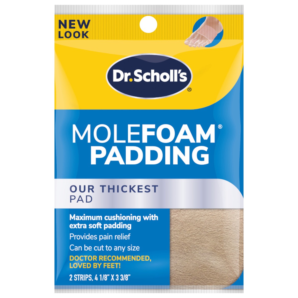 slide 1 of 3, Dr. Scholl's MOLEFOAM PADDING STRIPS, 2 strips // Our Thickest Pad for Maximum Cushioning - Extra Soft Padding - Pain Relief - Cut To Any Size - Strip Size 4 1/8 Inches X 3 3/8 Inches, 2 ct