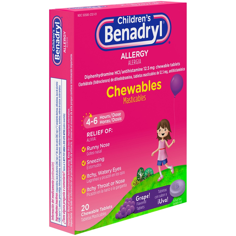 slide 2 of 6, Benadryl Children's Benadryl Allergy Relief Chewable Tablets - Diphenhydramine - Grape Flavor - 20ct, 20 ct