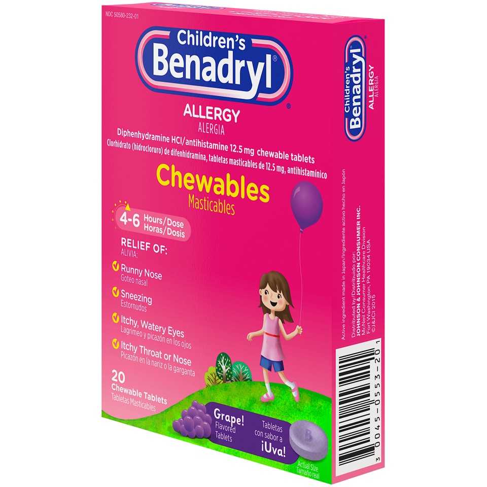 slide 3 of 6, Benadryl Children's Benadryl Allergy Relief Chewable Tablets - Diphenhydramine - Grape Flavor - 20ct, 20 ct