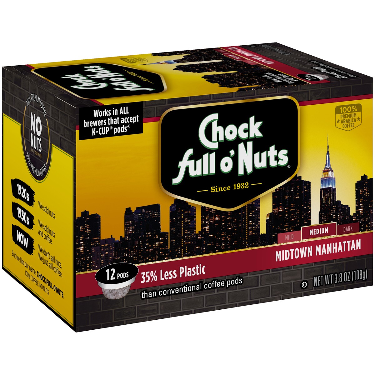 slide 4 of 9, Chock Full O' Nuts Midtown Manhattan Medium Roast Coffee Single Serve Pods - 12 ct; 3.8 oz, 12 ct; 3.8 oz