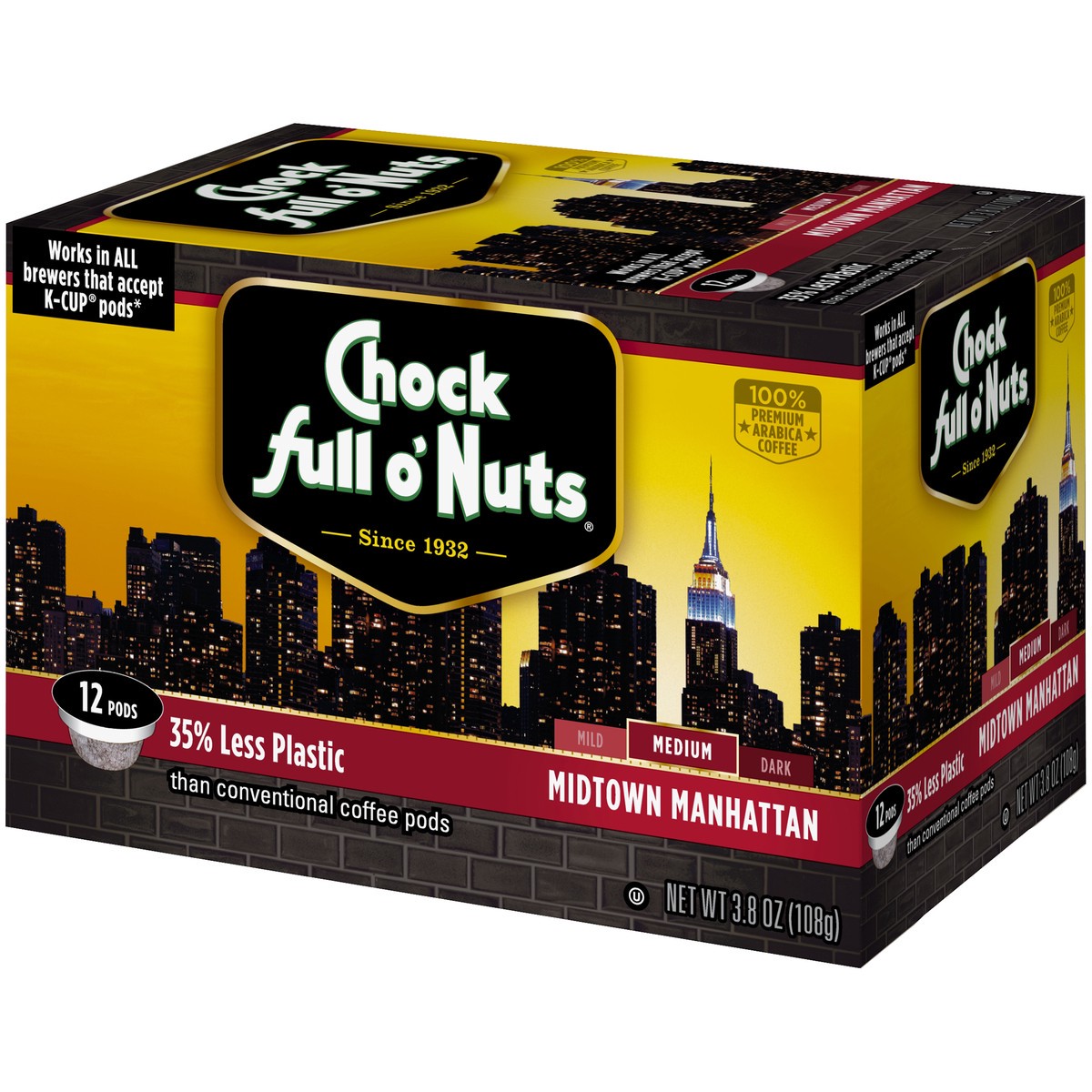 slide 3 of 9, Chock Full O' Nuts Midtown Manhattan Medium Roast Coffee Single Serve Pods - 12 ct; 3.8 oz, 12 ct; 3.8 oz