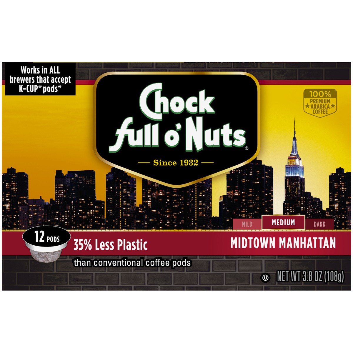 slide 6 of 9, Chock Full O' Nuts Midtown Manhattan Medium Roast Coffee Single Serve Pods - 12 ct; 3.8 oz, 12 ct; 3.8 oz