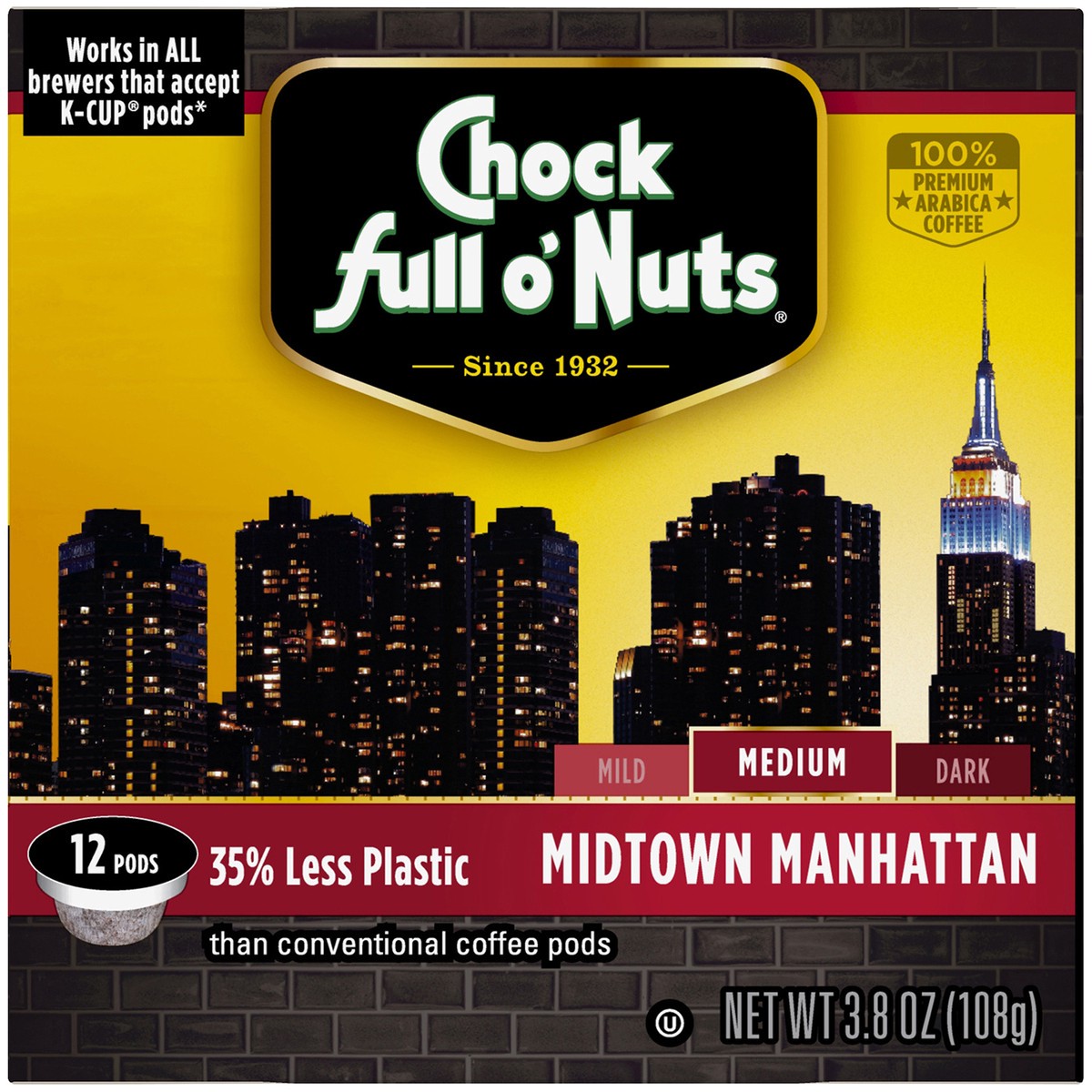 slide 5 of 9, Chock Full O' Nuts Midtown Manhattan Medium Roast Coffee Single Serve Pods - 12 ct; 3.8 oz, 12 ct; 3.8 oz