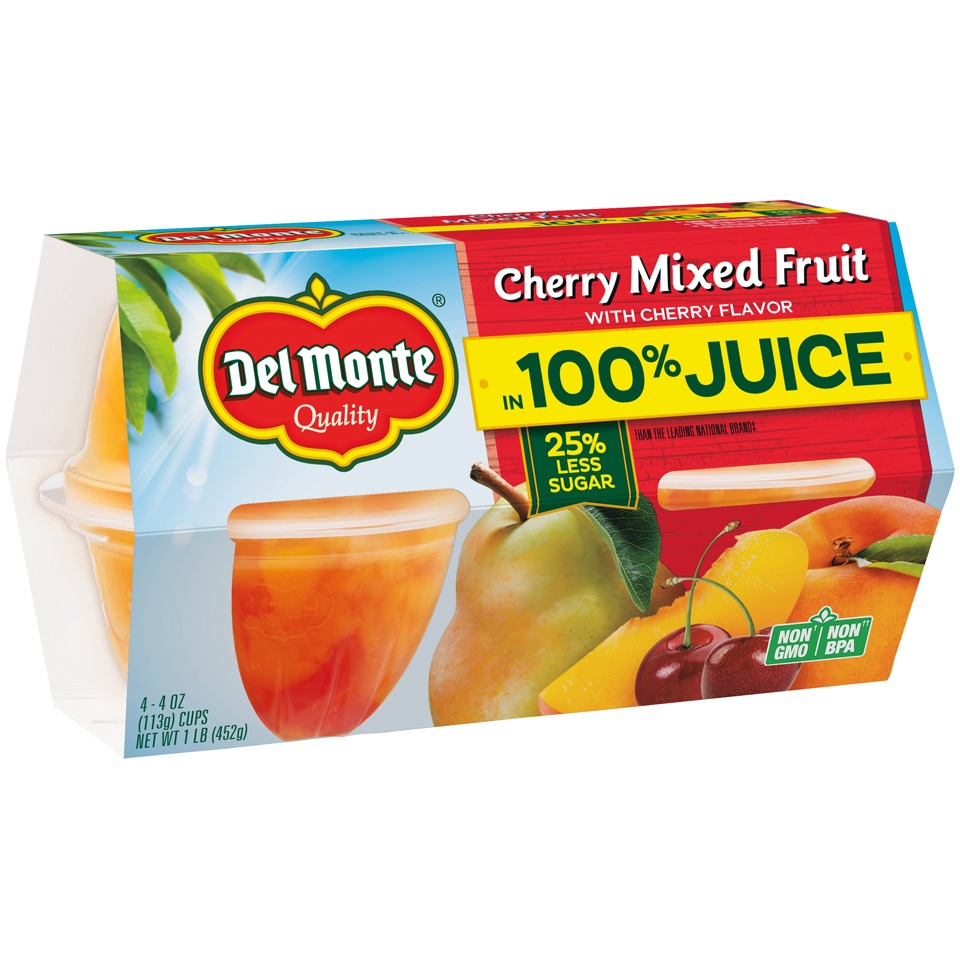 slide 2 of 4, Del Monte Cherry Flavored Mixed Fruit in 100% Juice Fruit Cup Snacks 4-4 oz. Cups, 4 ct; 4 oz