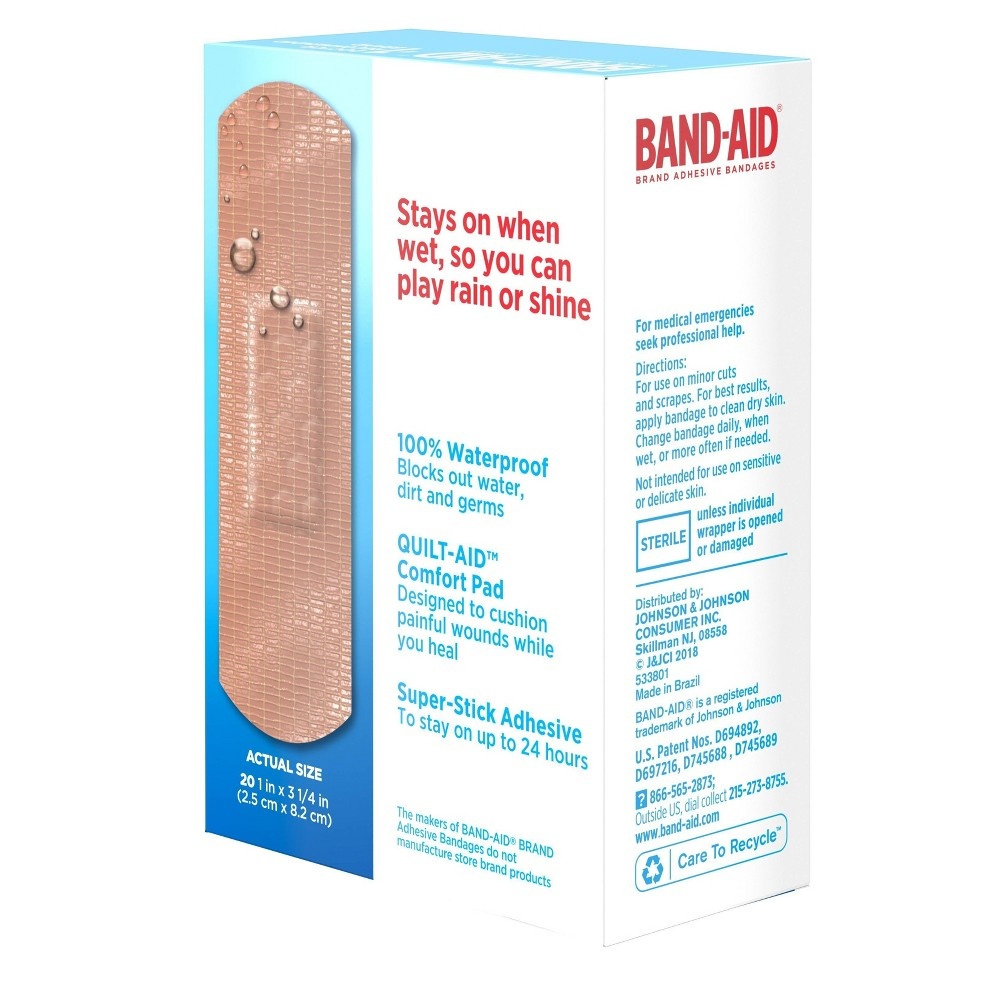 slide 5 of 10, BAND-AID Water Block Waterproof Tough Adhesive Bandages for First Aid Wound Care, Durable Waterproof Bandages to Protect Minor Cuts, Burns & Scrapes, Quilt-Aid Pad, One Size, 20 ct, 20 ct