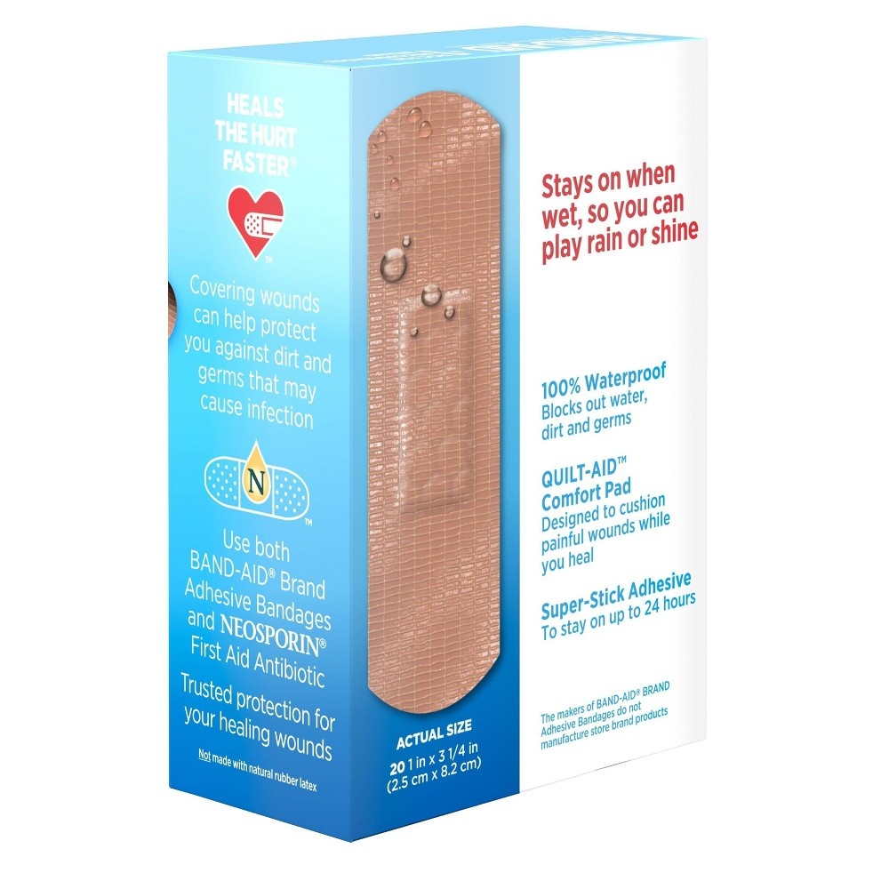 slide 7 of 10, BAND-AID Water Block Waterproof Tough Adhesive Bandages for First Aid Wound Care, Durable Waterproof Bandages to Protect Minor Cuts, Burns & Scrapes, Quilt-Aid Pad, One Size, 20 ct, 20 ct