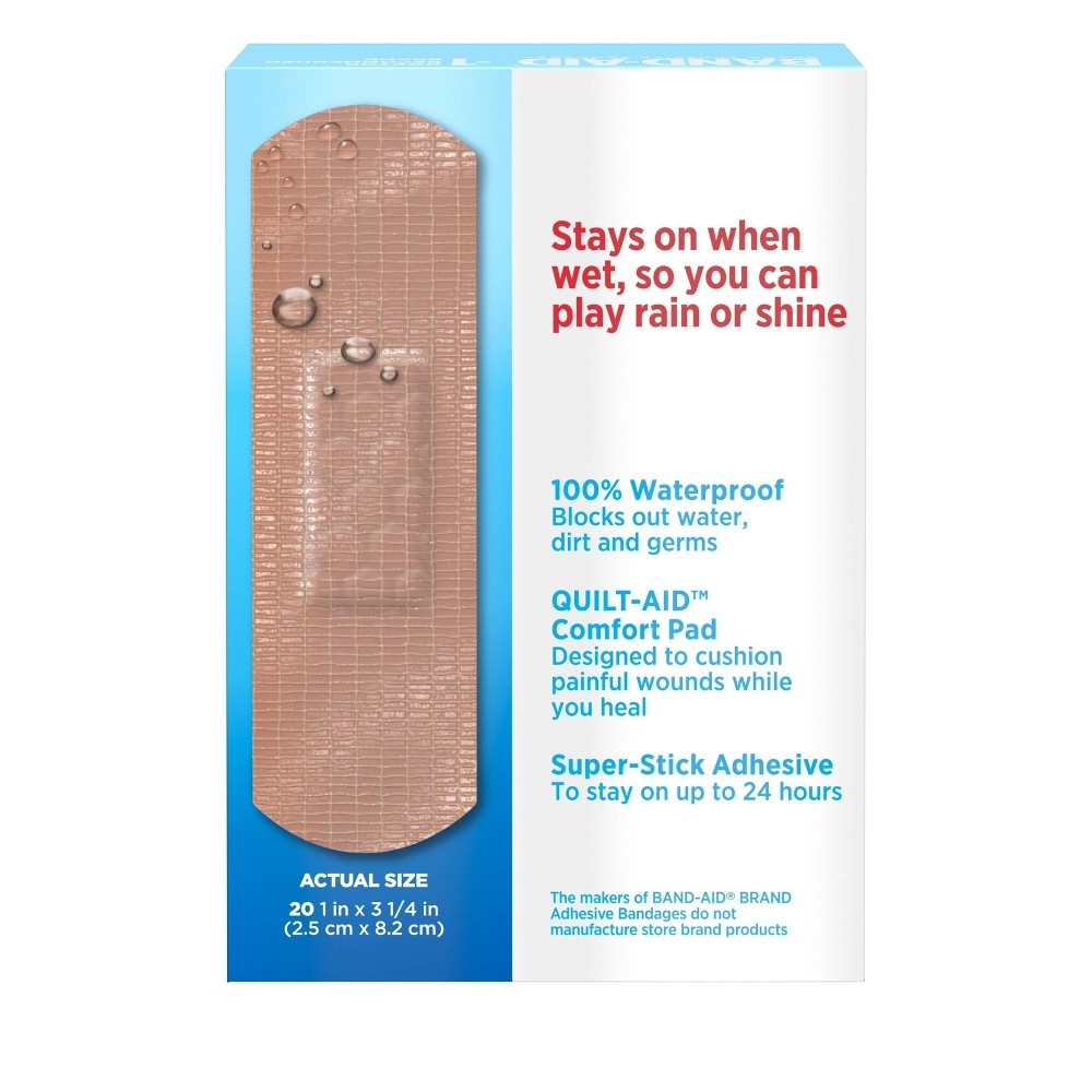 slide 8 of 10, BAND-AID Water Block Waterproof Tough Adhesive Bandages for First Aid Wound Care, Durable Waterproof Bandages to Protect Minor Cuts, Burns & Scrapes, Quilt-Aid Pad, One Size, 20 ct, 20 ct