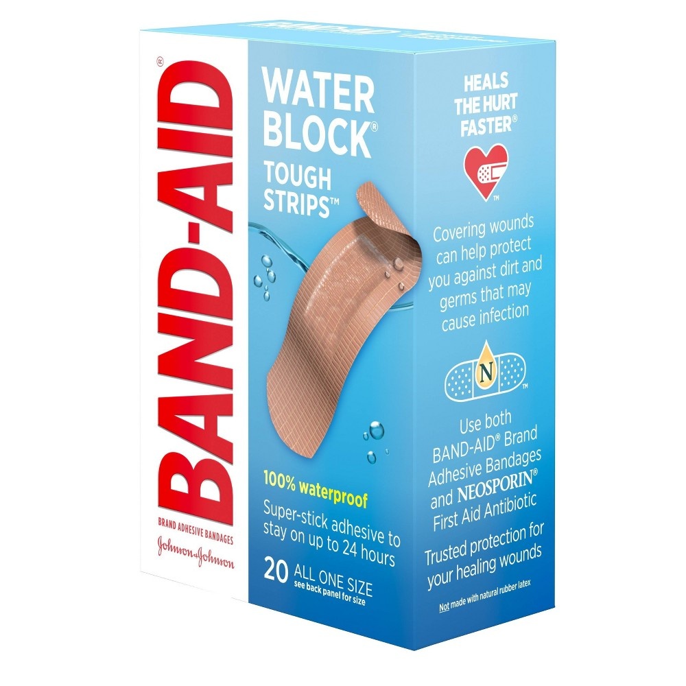 slide 9 of 10, BAND-AID Water Block Waterproof Tough Adhesive Bandages for First Aid Wound Care, Durable Waterproof Bandages to Protect Minor Cuts, Burns & Scrapes, Quilt-Aid Pad, One Size, 20 ct, 20 ct