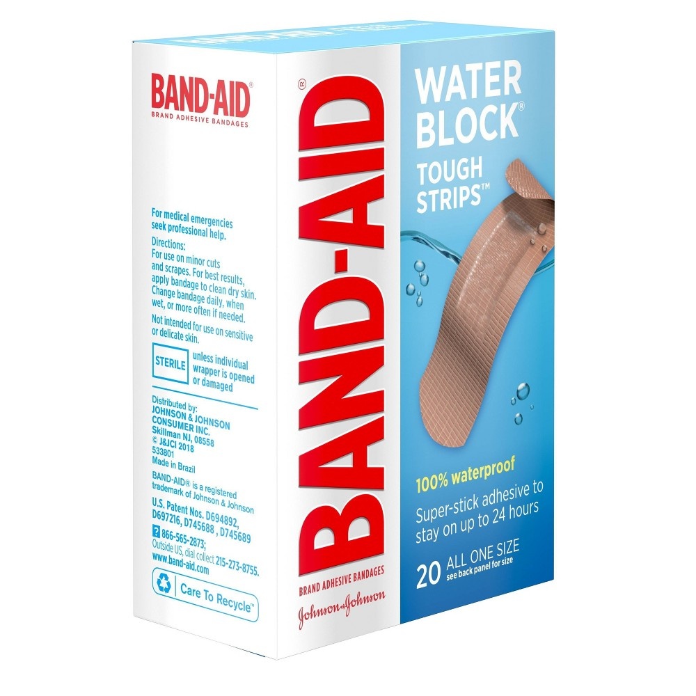 slide 10 of 10, BAND-AID Water Block Waterproof Tough Adhesive Bandages for First Aid Wound Care, Durable Waterproof Bandages to Protect Minor Cuts, Burns & Scrapes, Quilt-Aid Pad, One Size, 20 ct, 20 ct