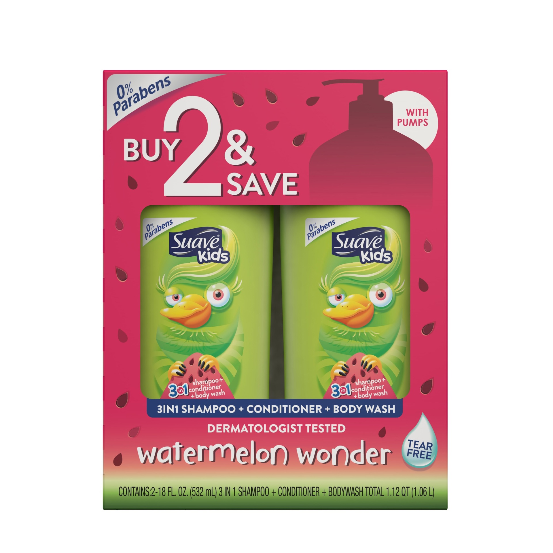 slide 1 of 4, Suave Kids 3-in-1 Watermelon Wonder Body Wash + Shampoo and Conditioner - 18 fl oz/2pk, 18 fl oz, 2 ct