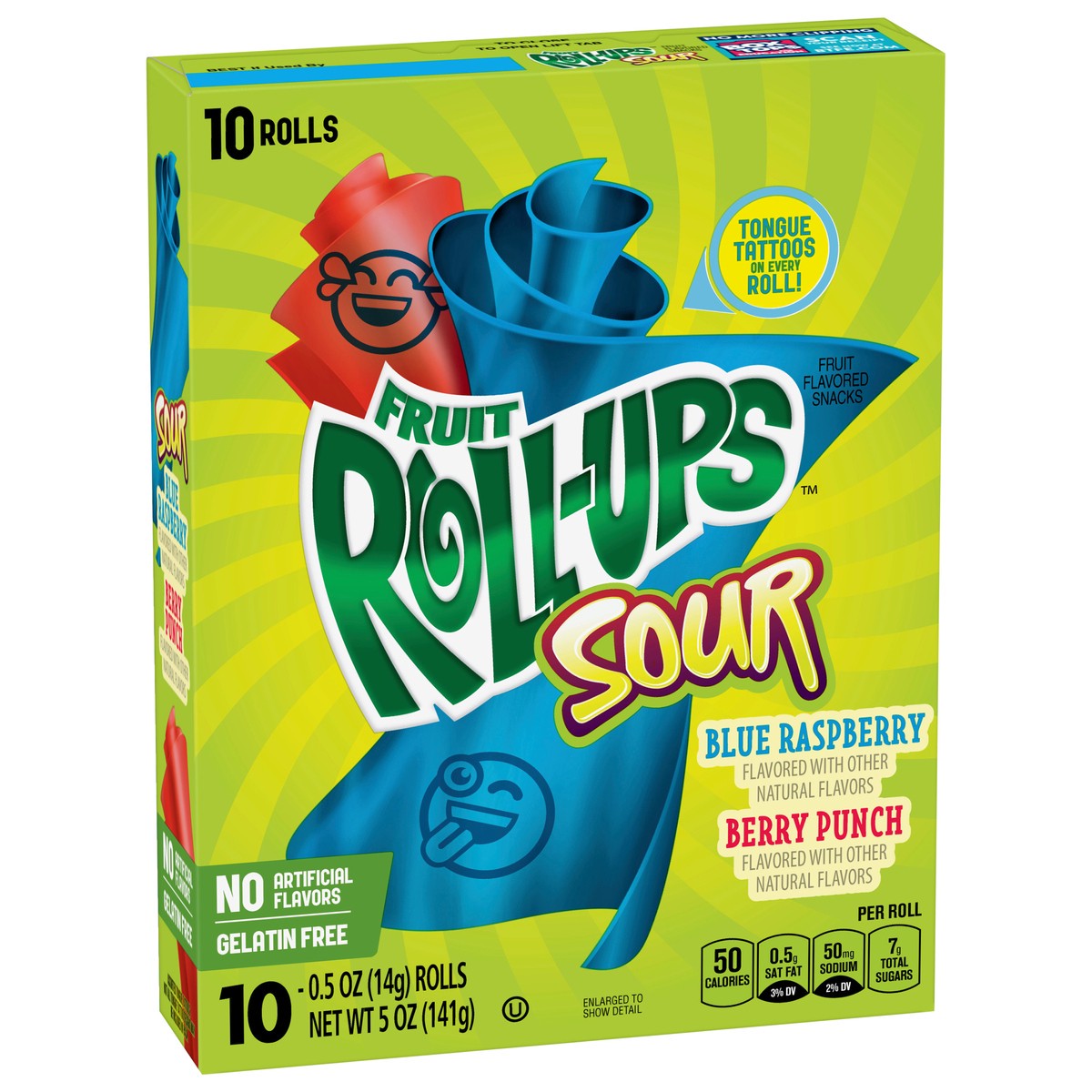 slide 8 of 9, Fruit Roll-Ups Sour Blue Raspberry/Berry Punch Fruit Flavored Snacks 10-0.5 oz Packs, 10 ct