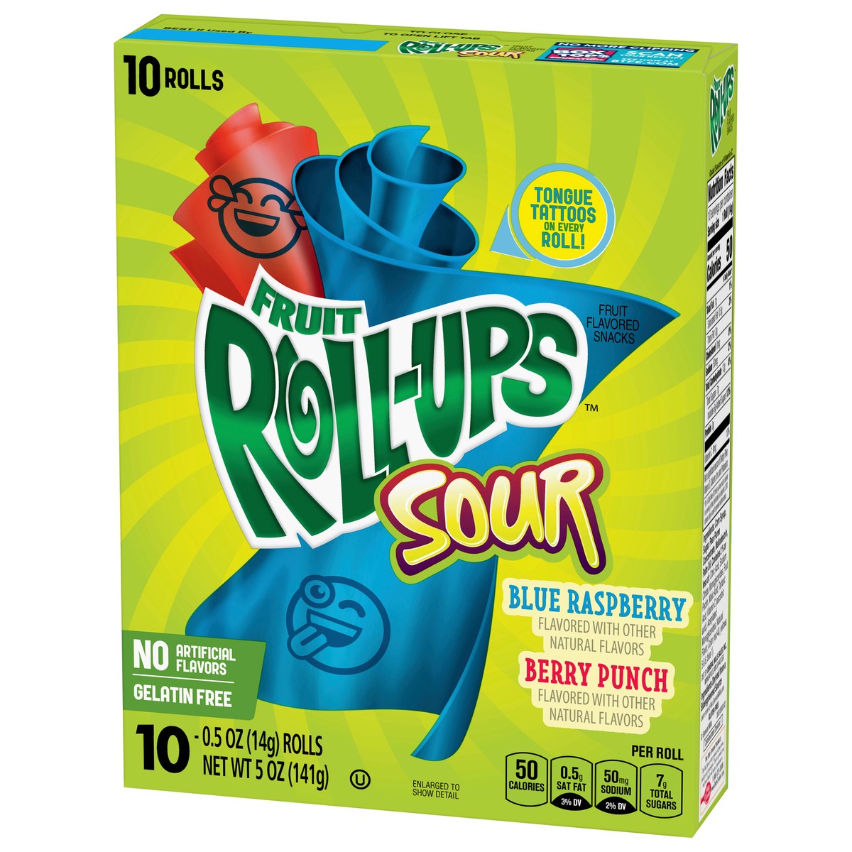 slide 9 of 9, Fruit Roll-Ups Sour Blue Raspberry/Berry Punch Fruit Flavored Snacks 10-0.5 oz Packs, 10 ct