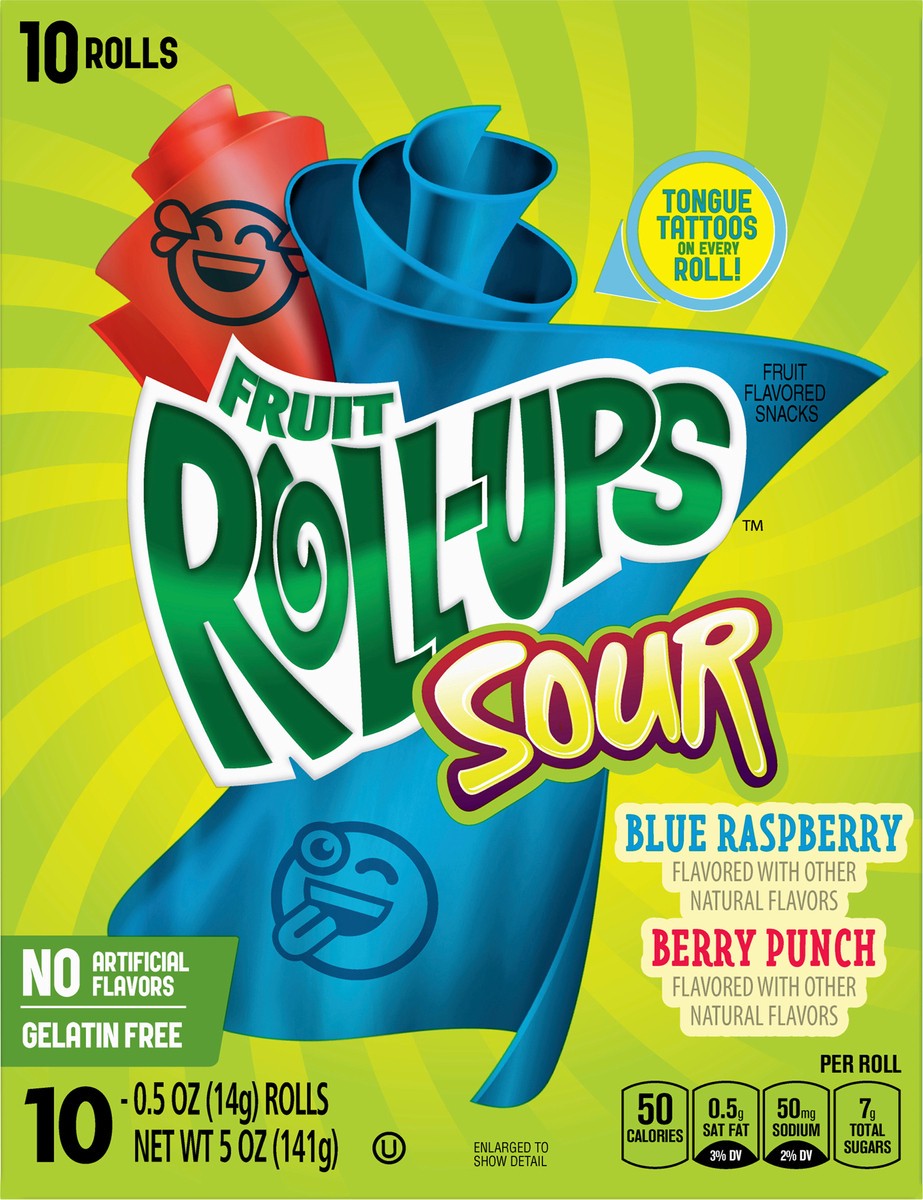 slide 1 of 9, Fruit Roll-Ups Sour Blue Raspberry/Berry Punch Fruit Flavored Snacks 10-0.5 oz Packs, 10 ct