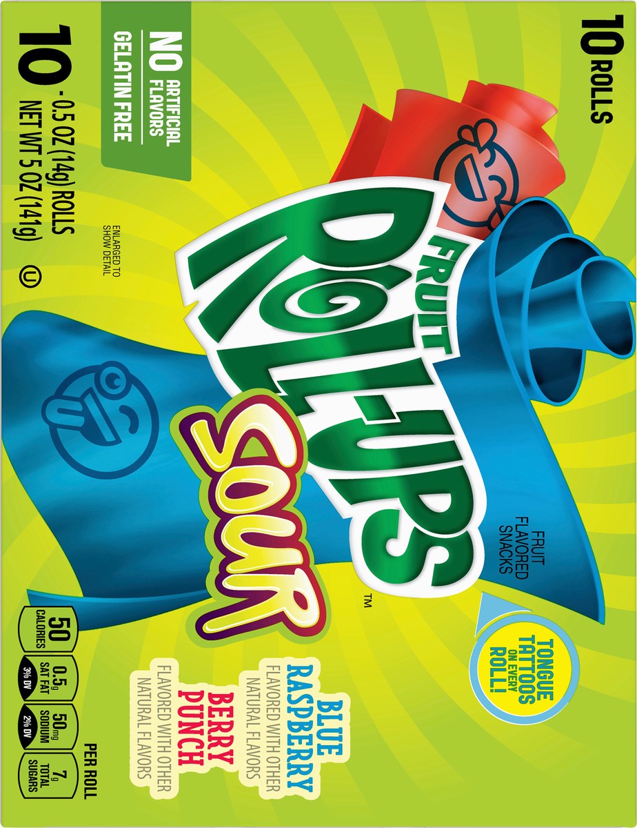 slide 7 of 9, Fruit Roll-Ups Sour Blue Raspberry/Berry Punch Fruit Flavored Snacks 10-0.5 oz Packs, 10 ct