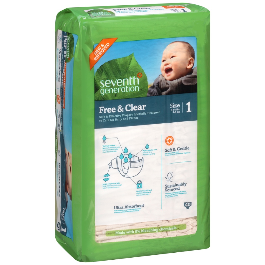 slide 2 of 6, Seventh Generation Free & Clear Diapers Size 1, 40 ct