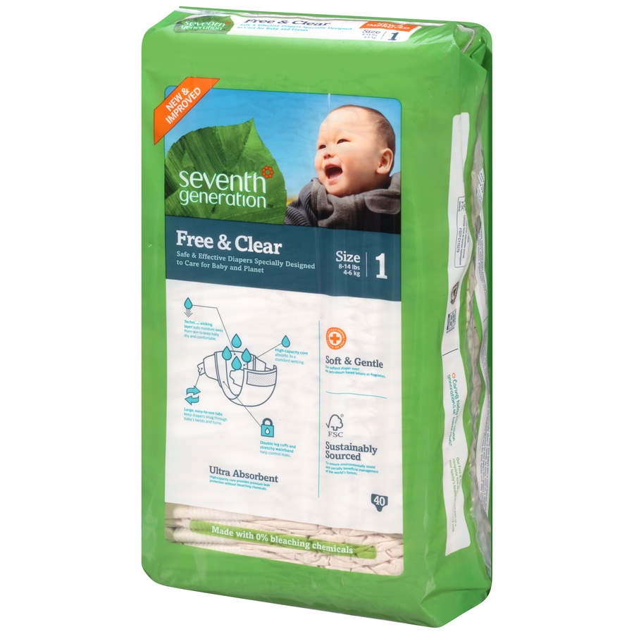 slide 3 of 6, Seventh Generation Free & Clear Diapers Size 1, 40 ct