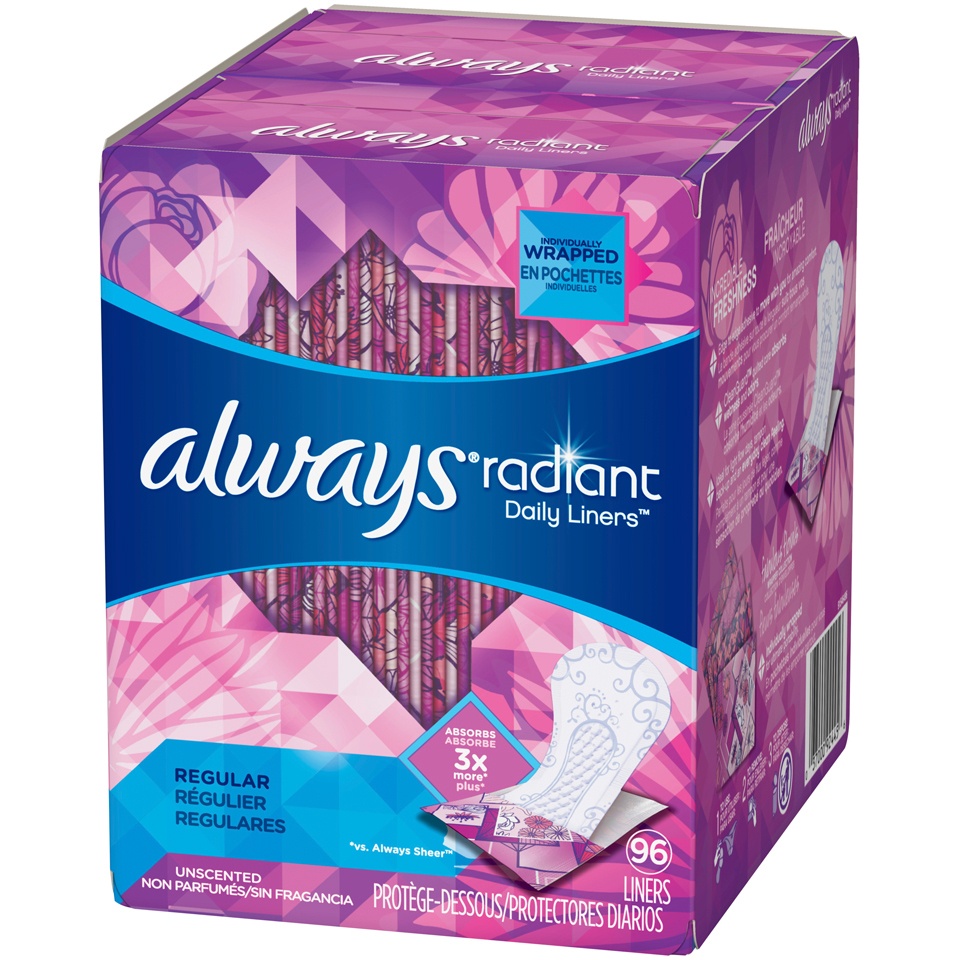 slide 3 of 3, Always Radiant Pantiliners Regular Wrapped Unscented, 96 ct